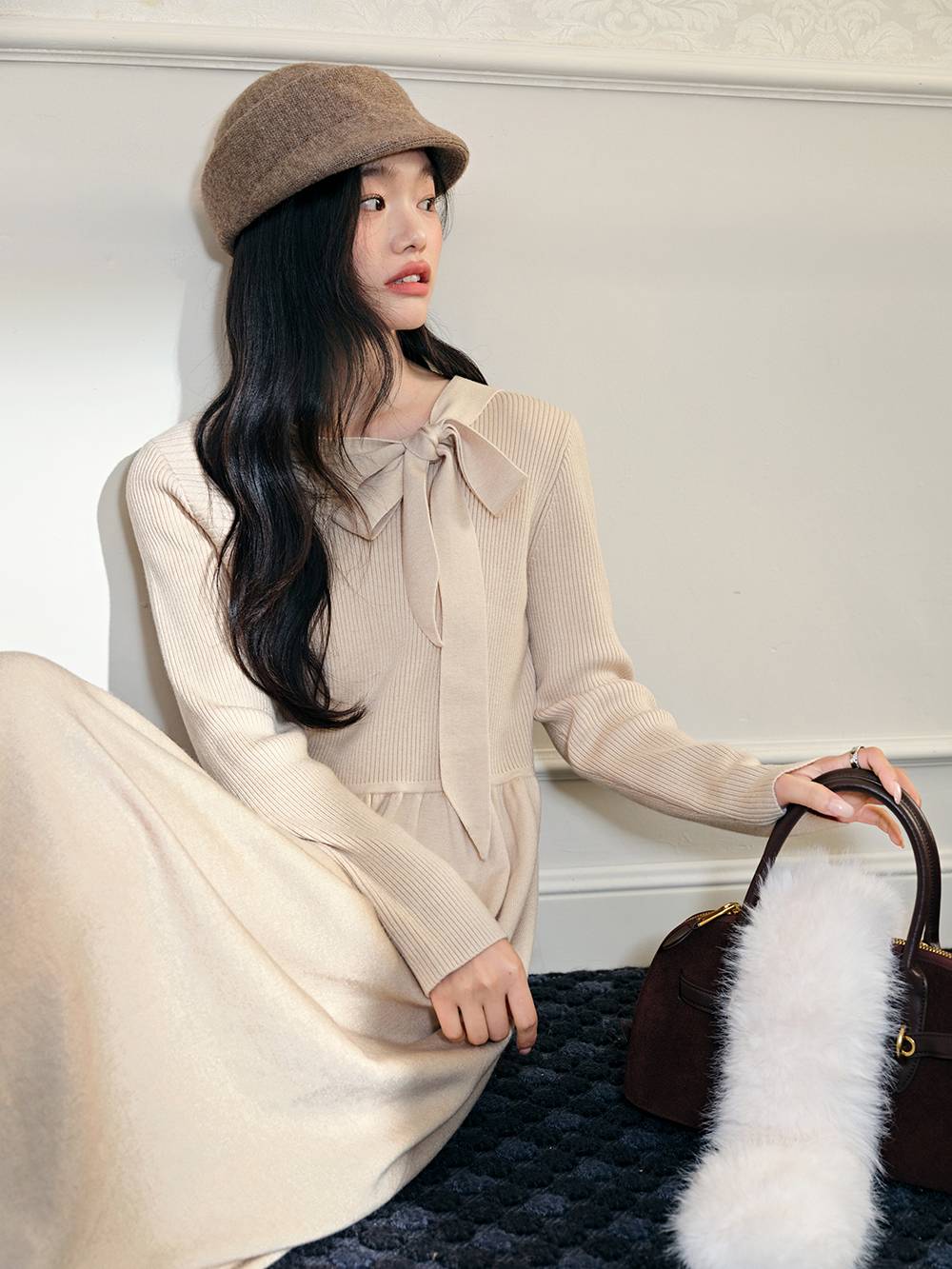 Ribbon Tie Neck Knit Dress