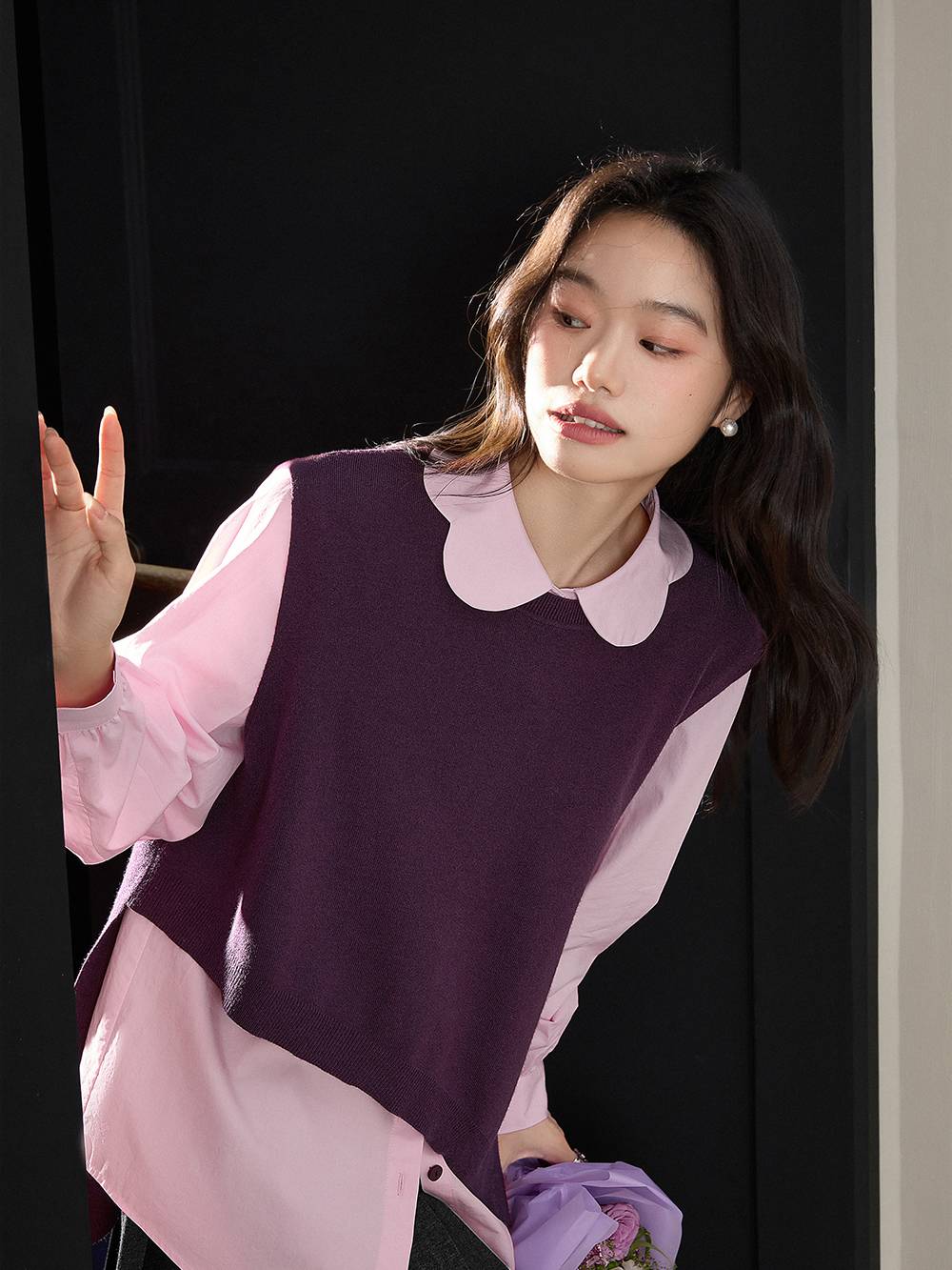 Petal Collar Shirt and Knit Vest