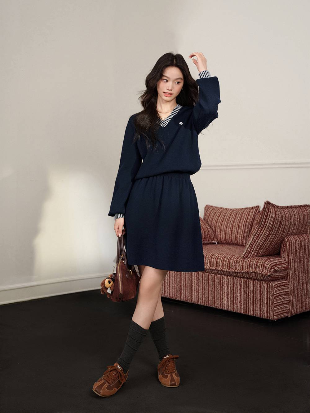 Striped Waist Cinched Knit Dress