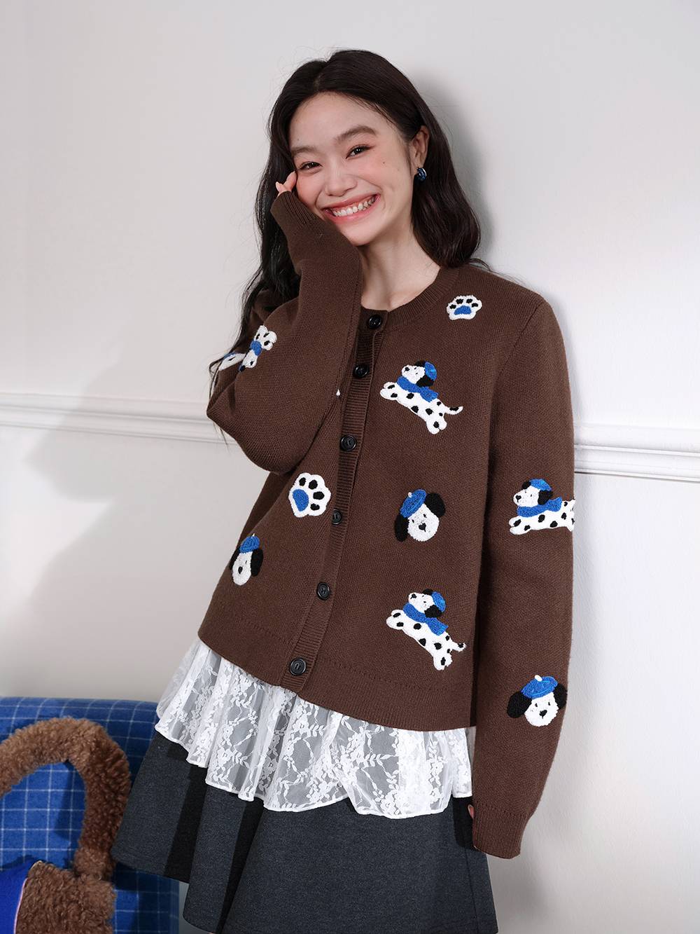 Puppy Embroidered Cardigan Sweater