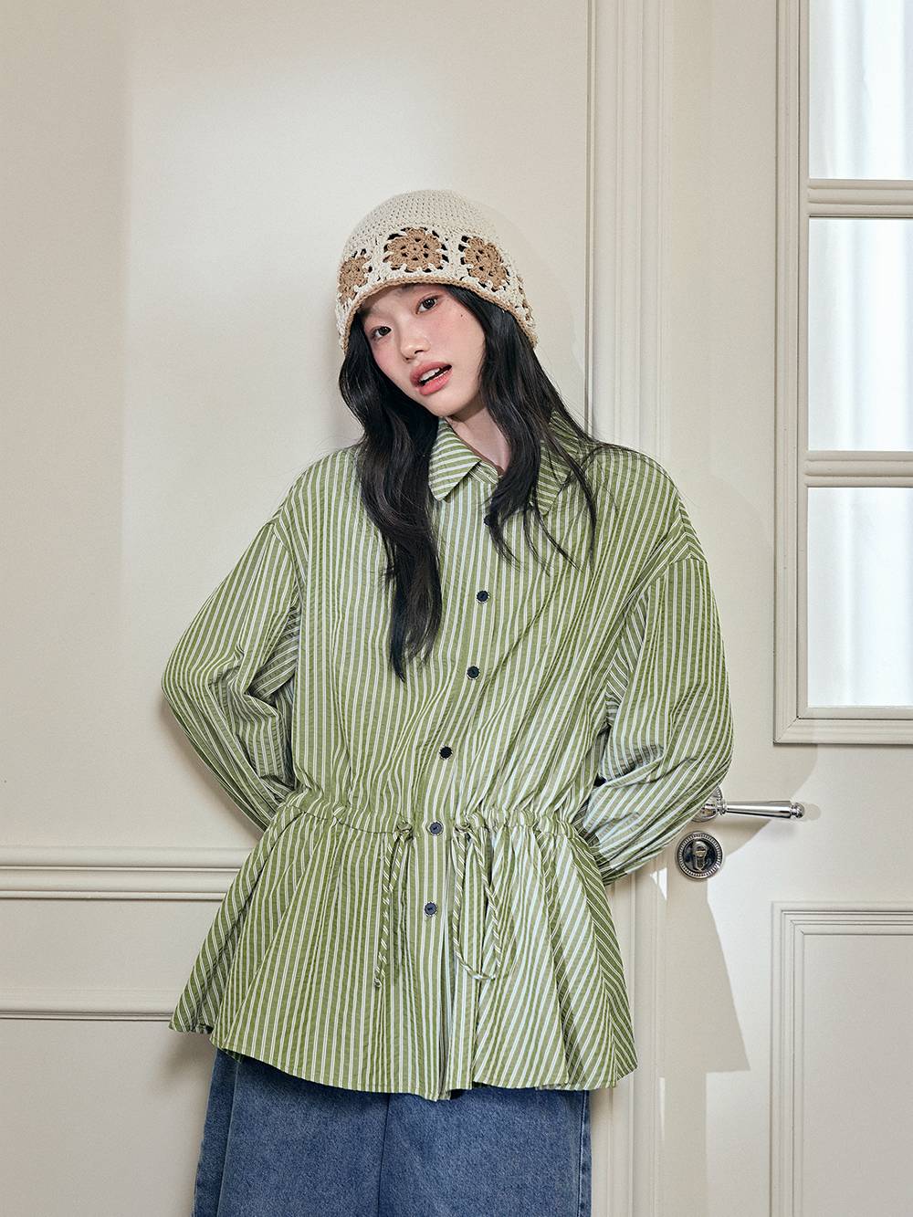 Striped Drawstring Waist Blouse