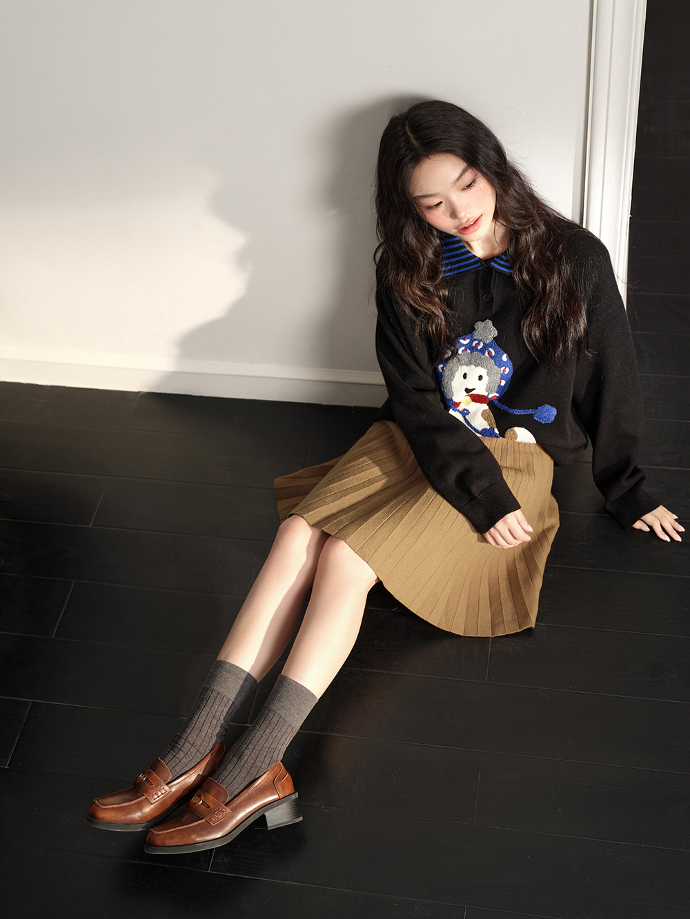 Striped Collar Dog Graphic Sweater