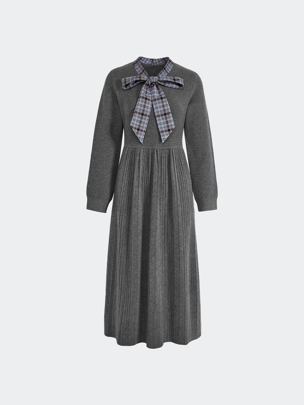 Plaid Ribbon Tie Knit Dress