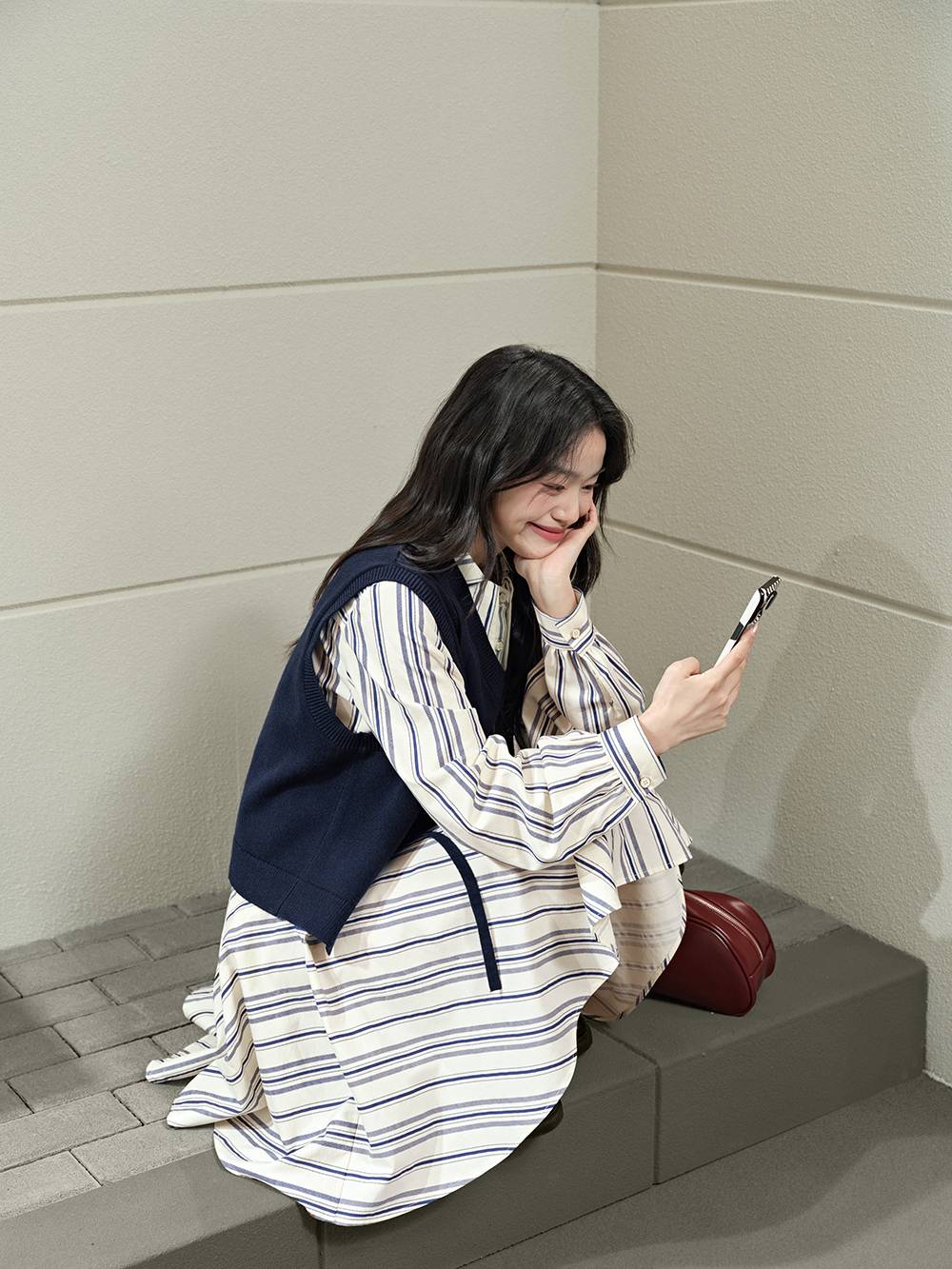 Vest and Striped Dress