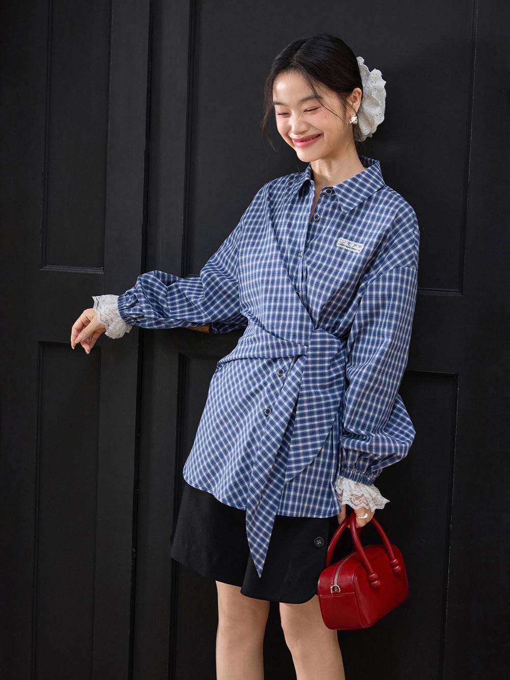 Plaid Tie Waist Blouse