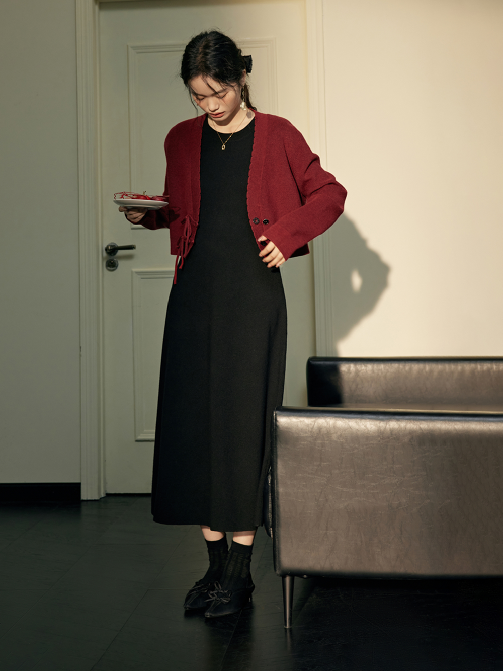 Red Cardigan and Black Dress