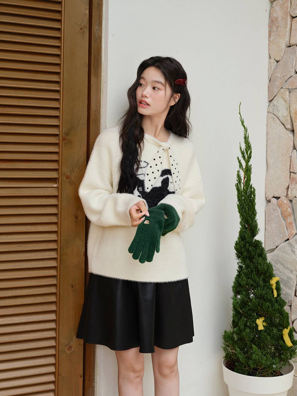 Cat Graphic Sweater with Polka Dot Tie