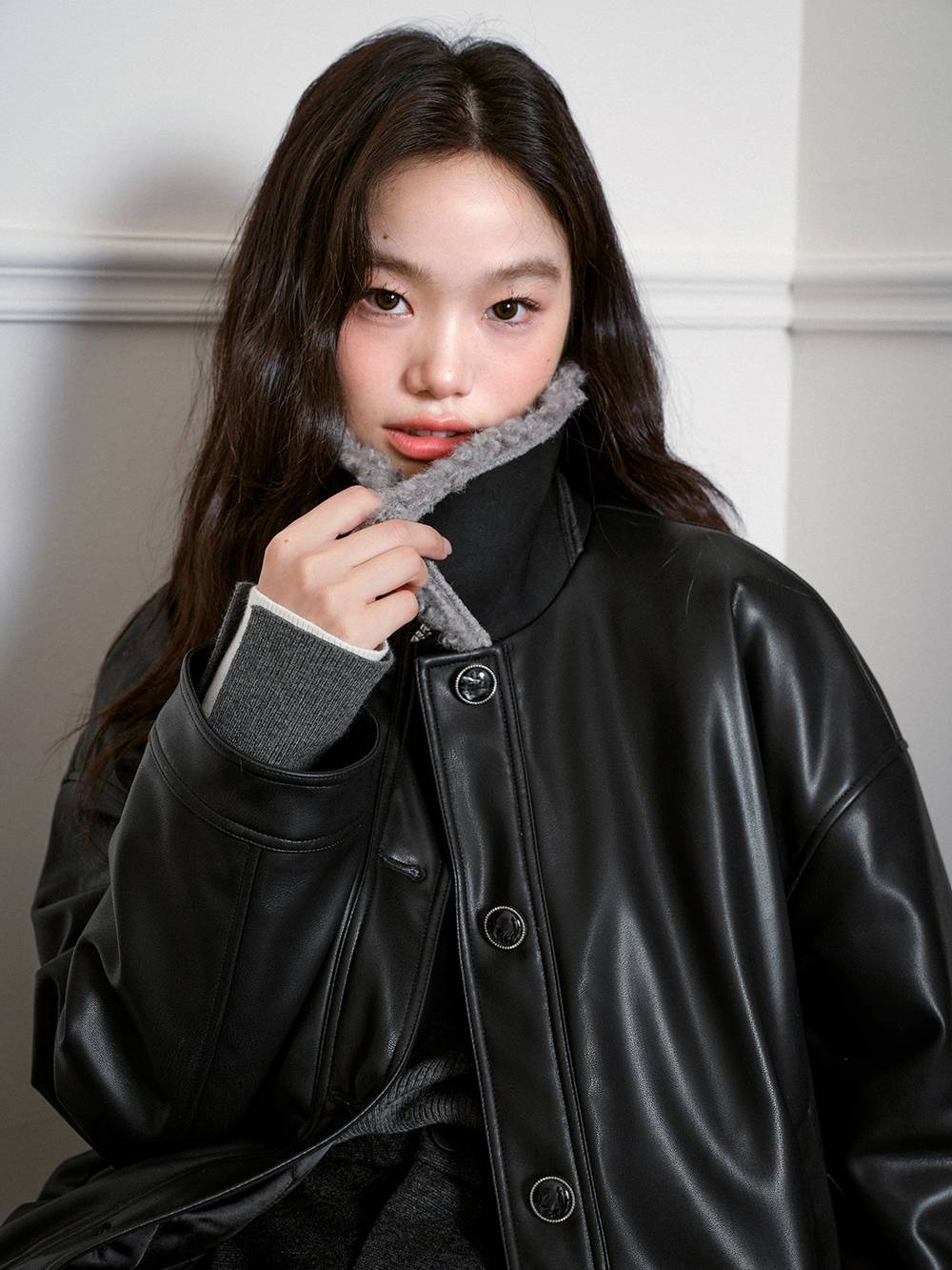 Furry Collar Faux Leather Jacket