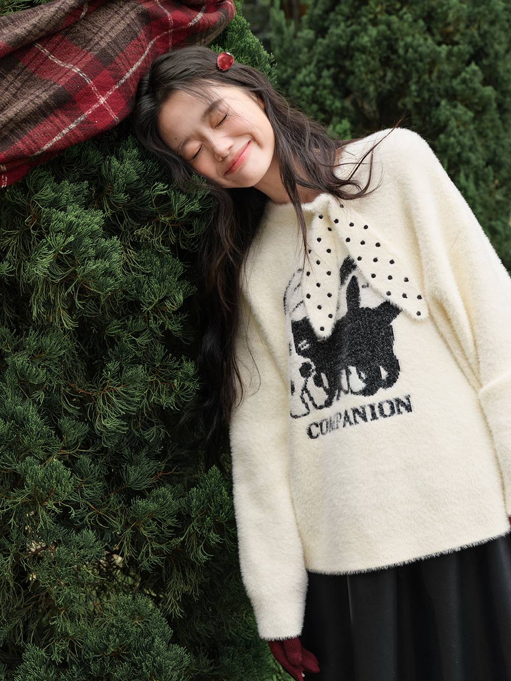Cat Graphic Sweater with Polka Dot Tie