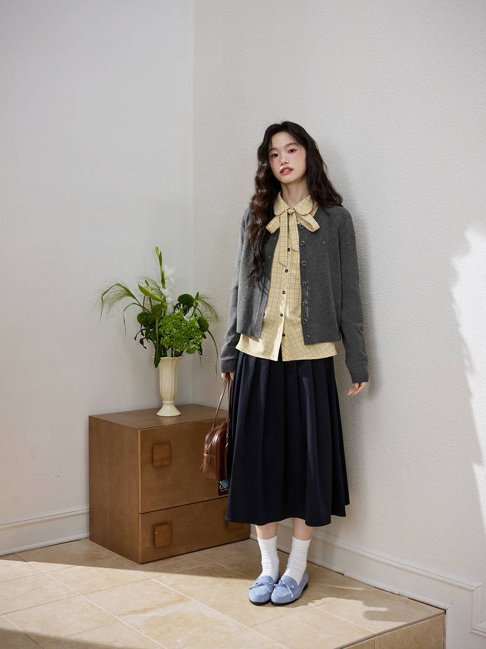 Plaid Bow Tie Blouse