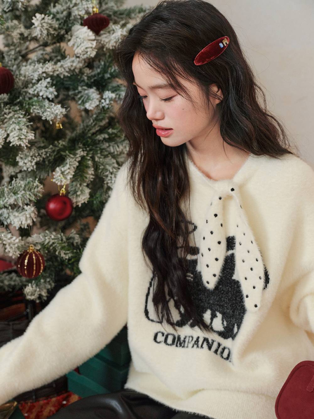 Cat Graphic Sweater with Polka Dot Tie