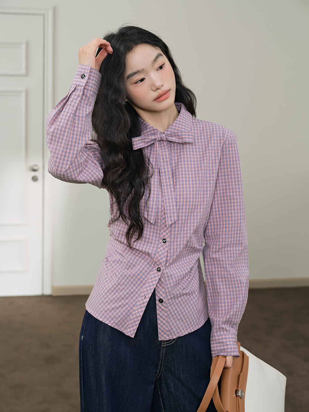Plaid Bow Tie Blouse