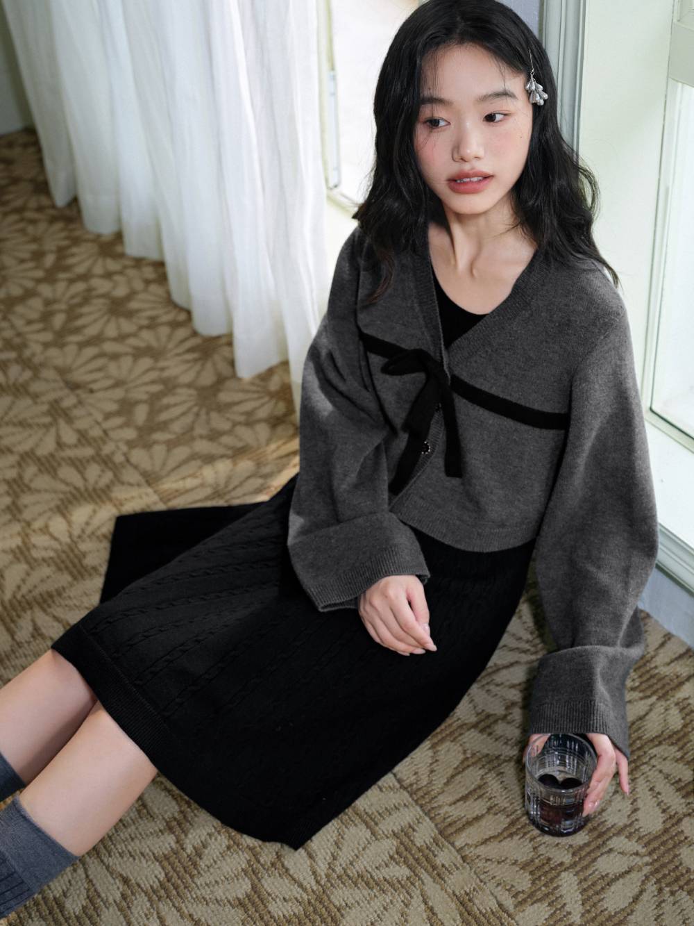 Ribbon Tie Cardigan and Tank Dress