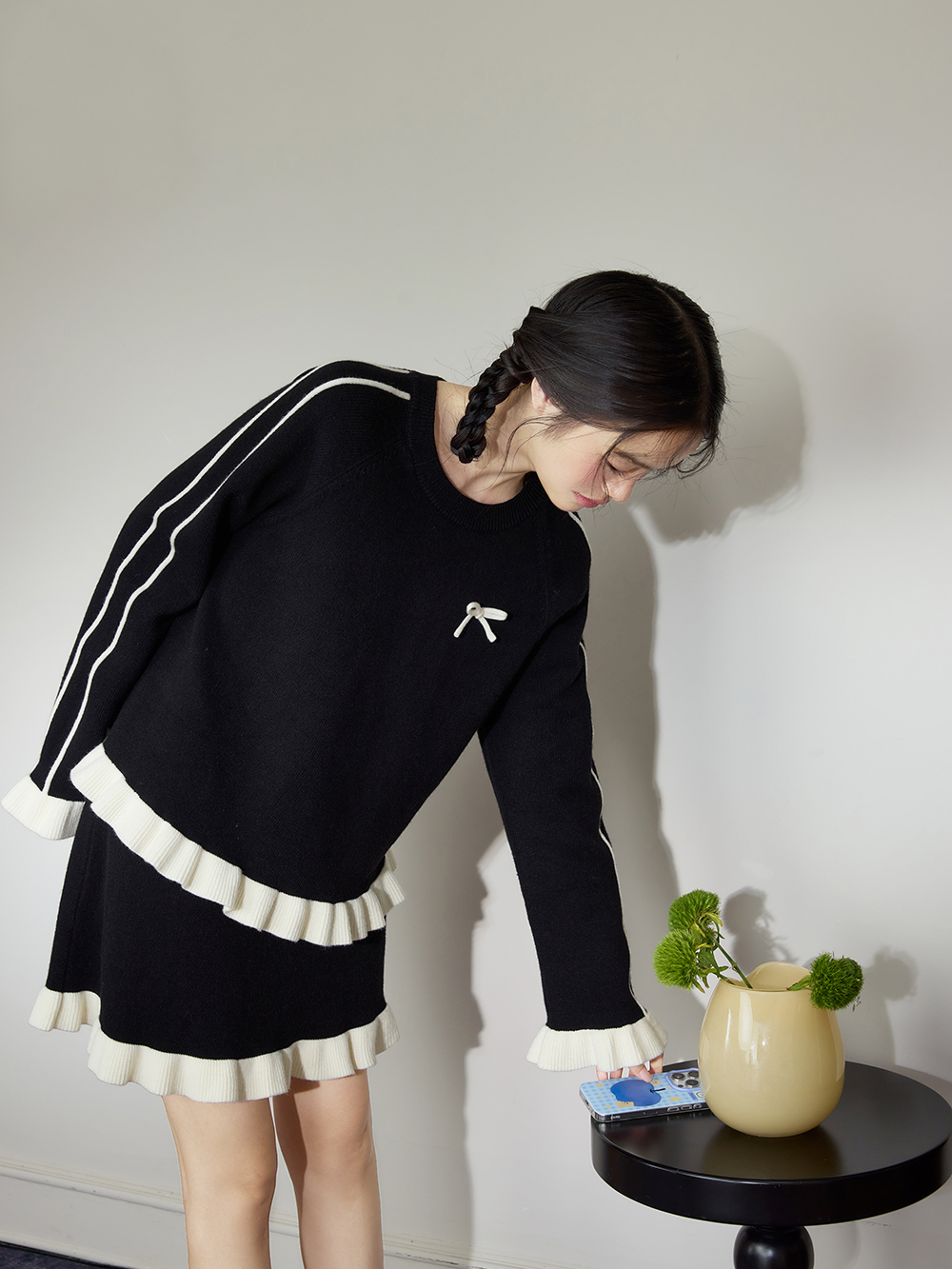 Contrast-Trim Sweater and Skirt