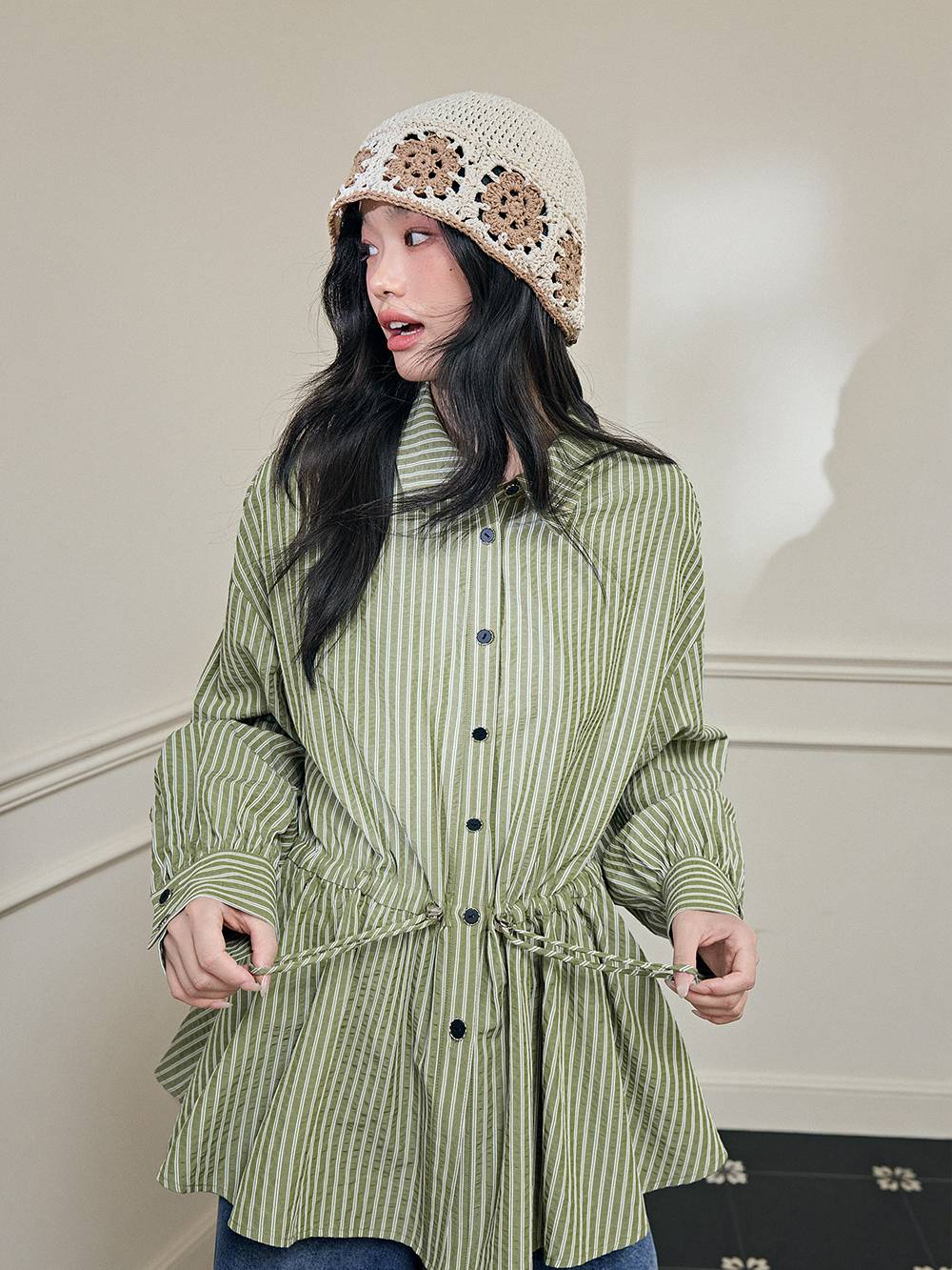 Striped Drawstring Waist Blouse