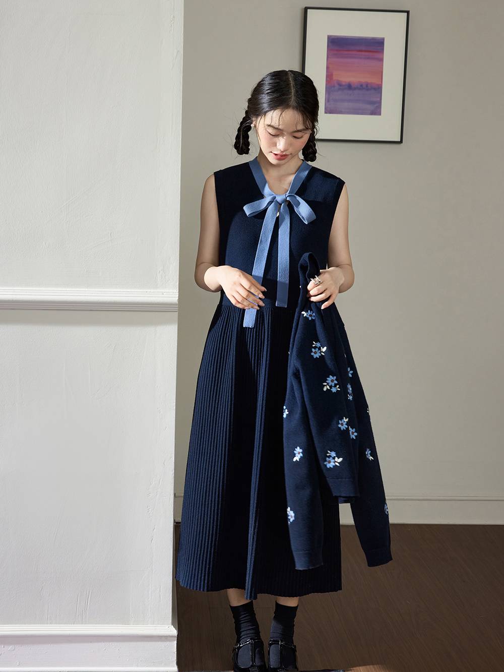 Embroidered Cardigan and Ribbon Tie Dress