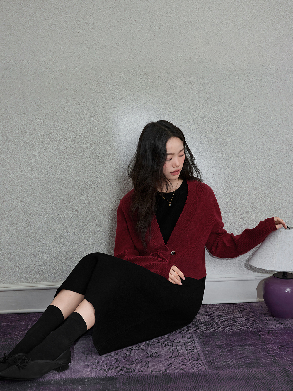 Red Cardigan and Black Dress