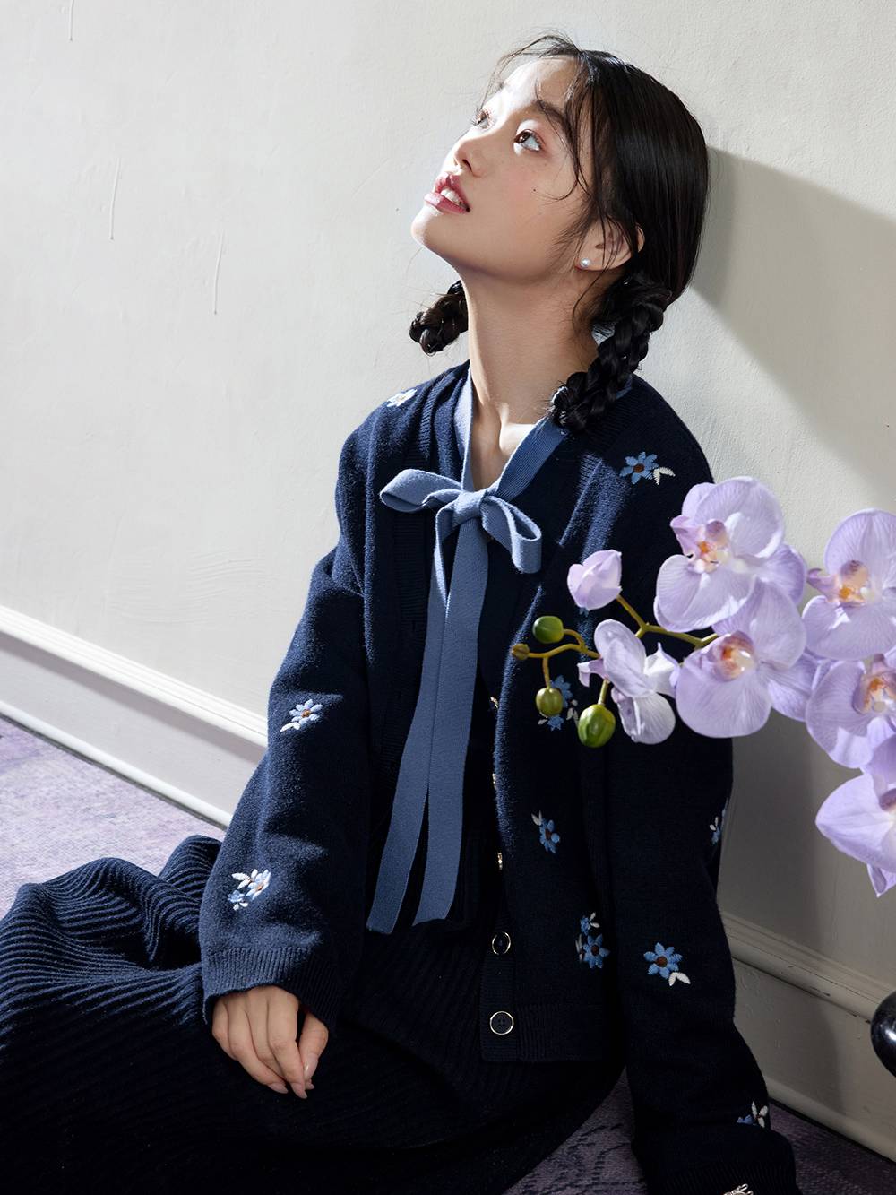 Embroidered Cardigan and Ribbon Tie Dress