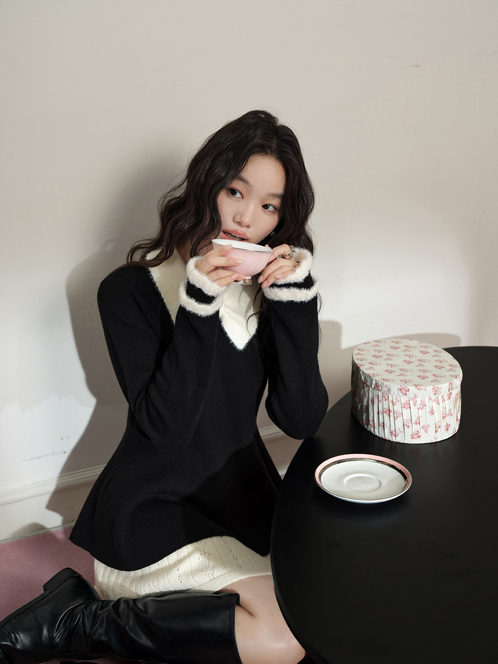 Bow Collar Ruffle Hem Sweater