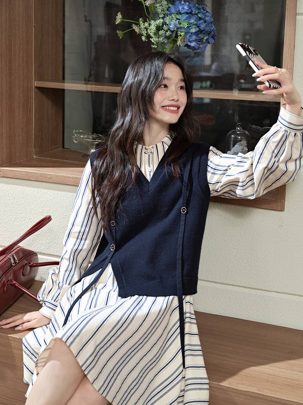 Vest and Striped Dress