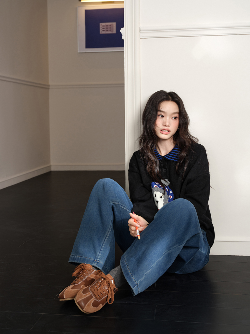 Striped Collar Dog Graphic Sweater