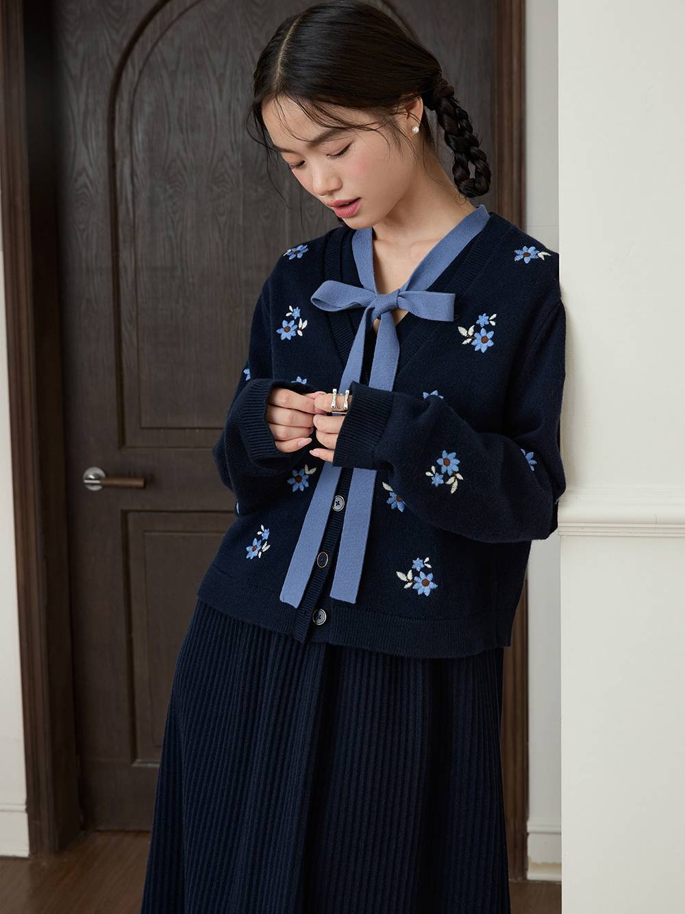 Embroidered Cardigan and Ribbon Tie Dress