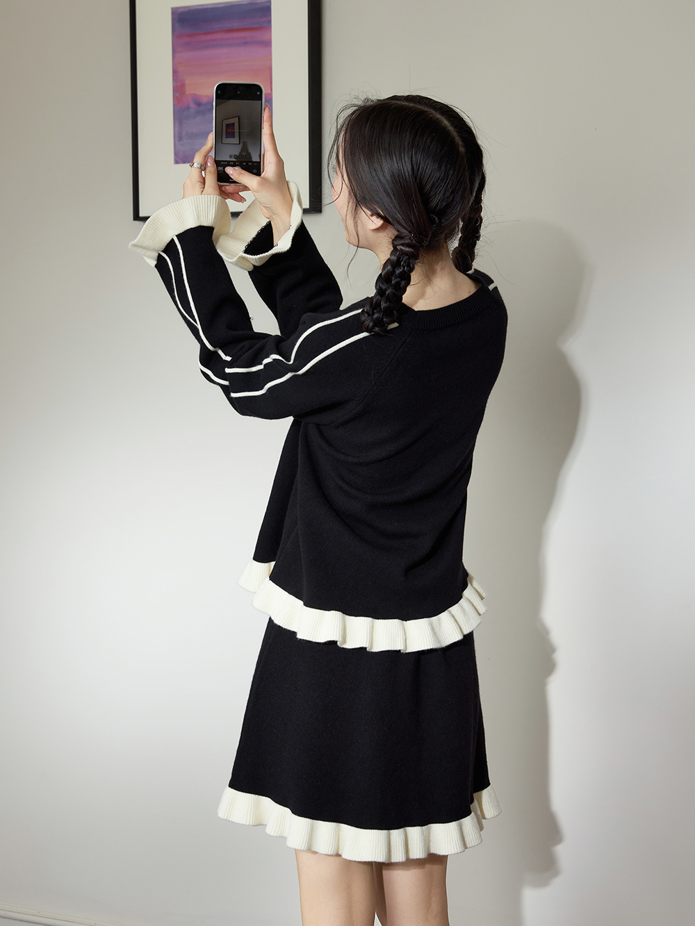 Contrast-Trim Sweater and Skirt