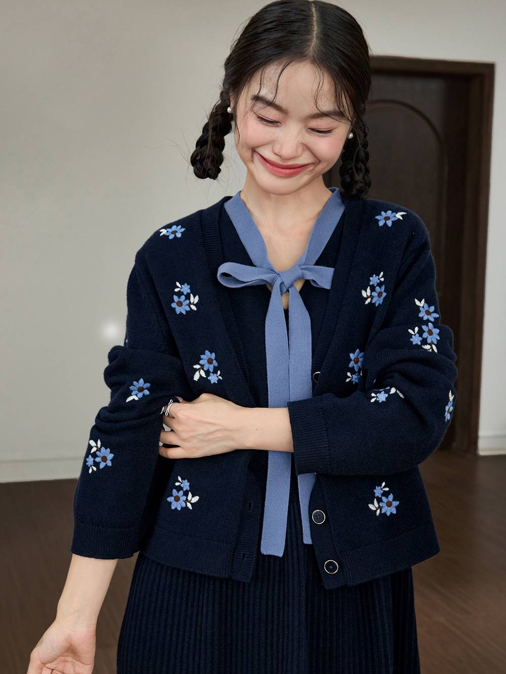 Embroidered Cardigan and Ribbon Tie Dress