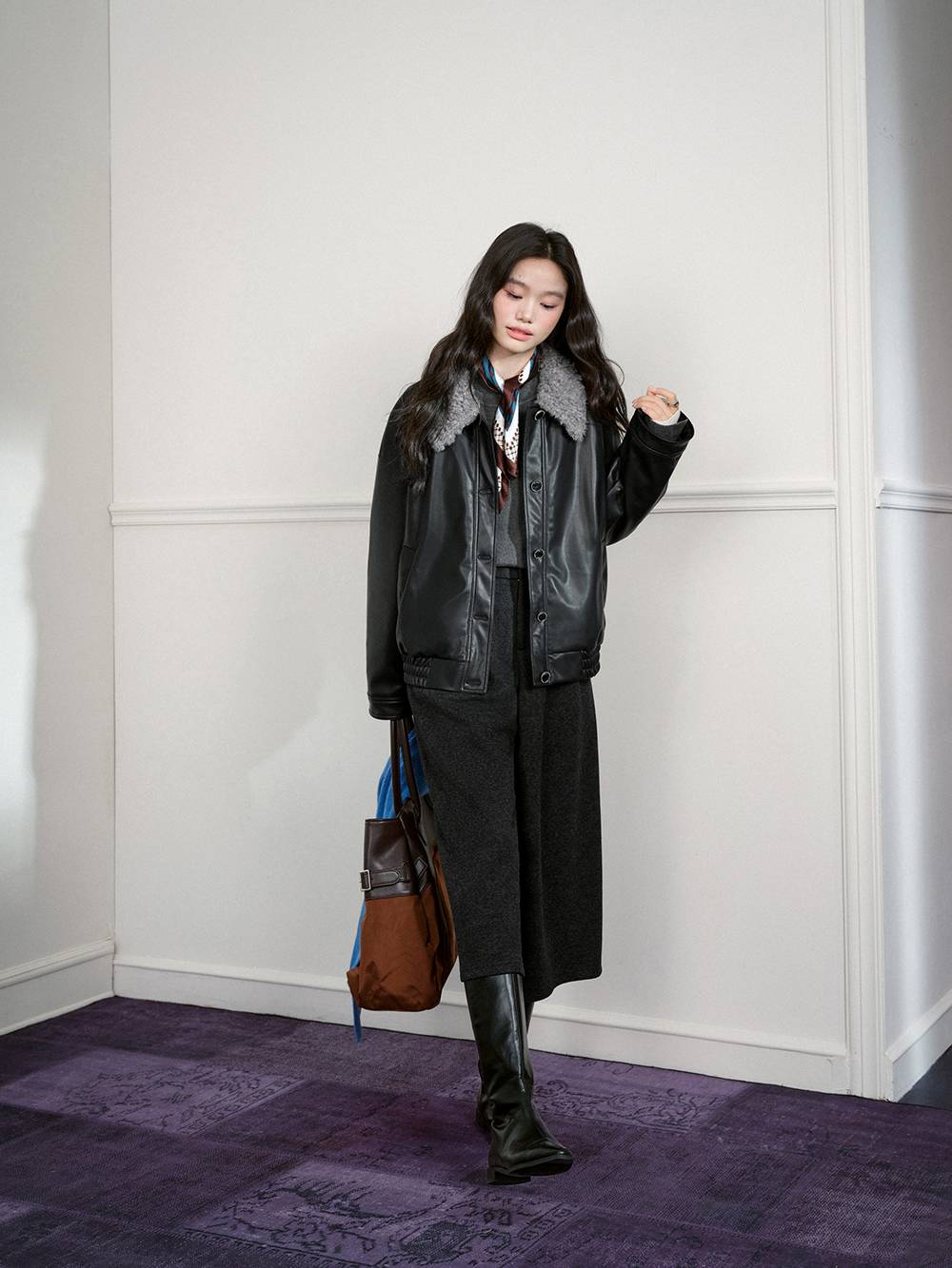 Furry Collar Faux Leather Jacket