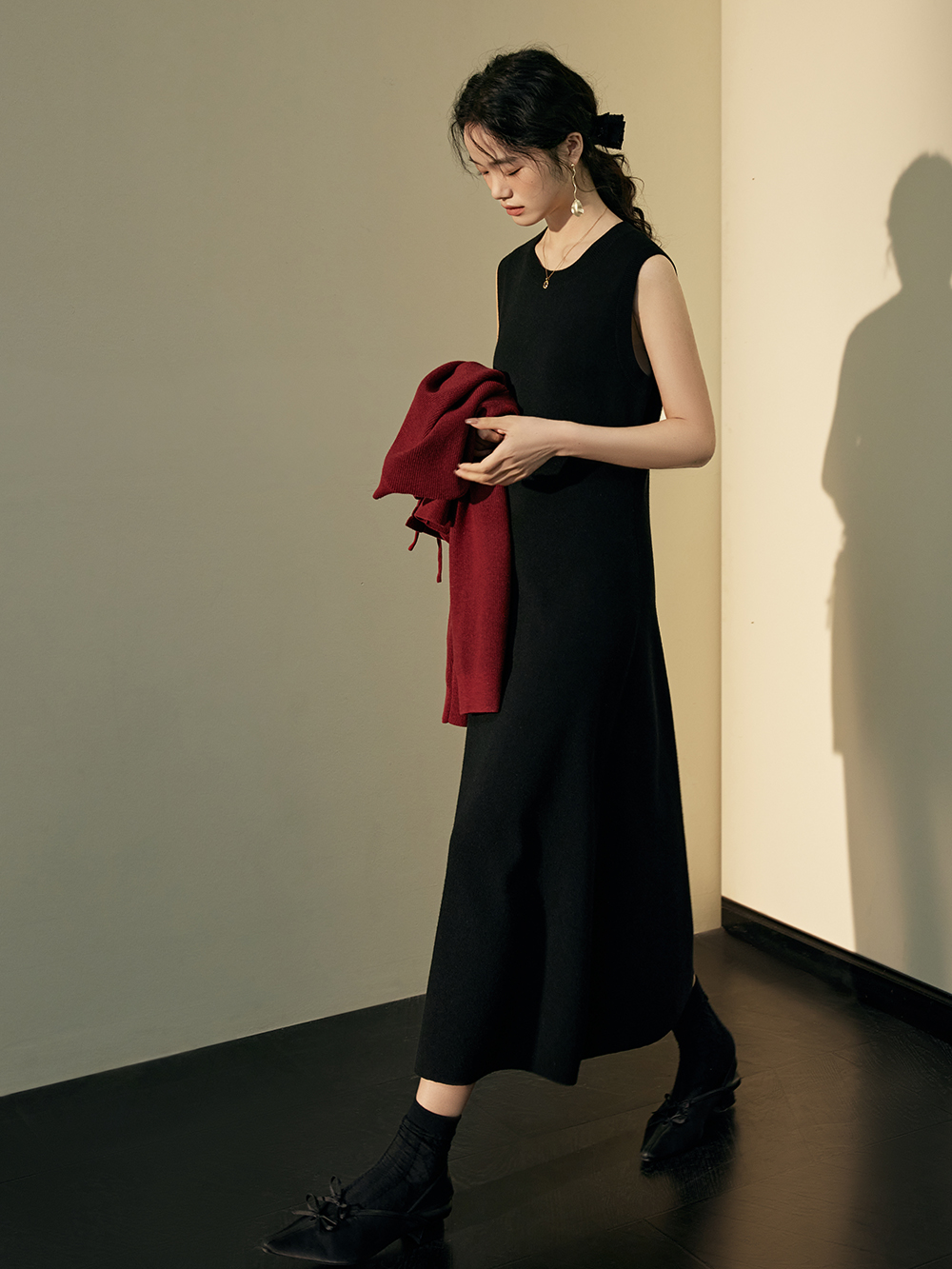 Red Cardigan and Black Dress