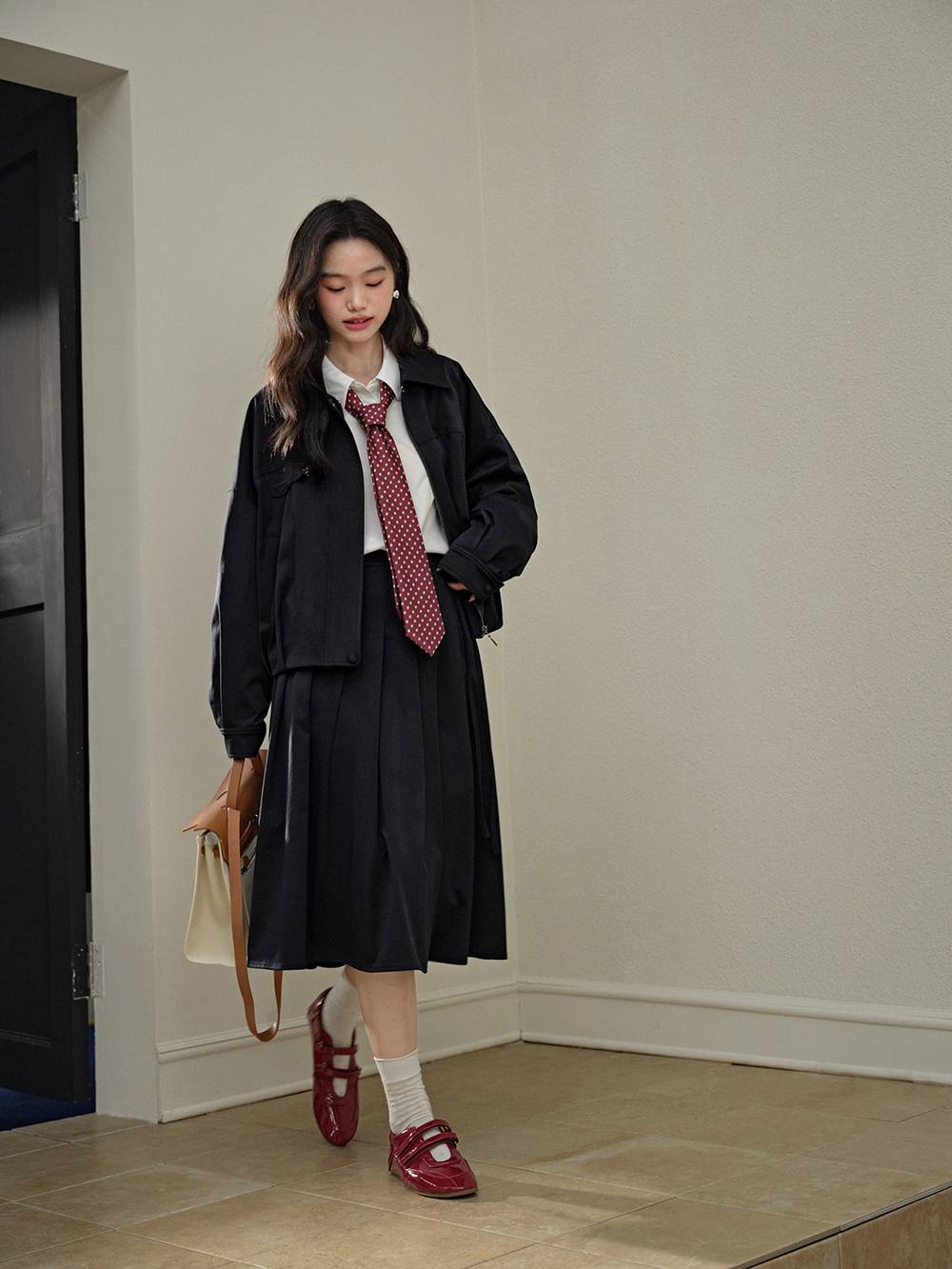 Belted Jacket and Pleated Skirt