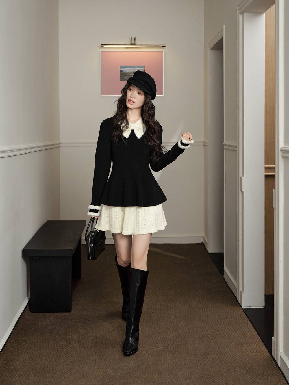 Bow Collar Ruffle Hem Sweater