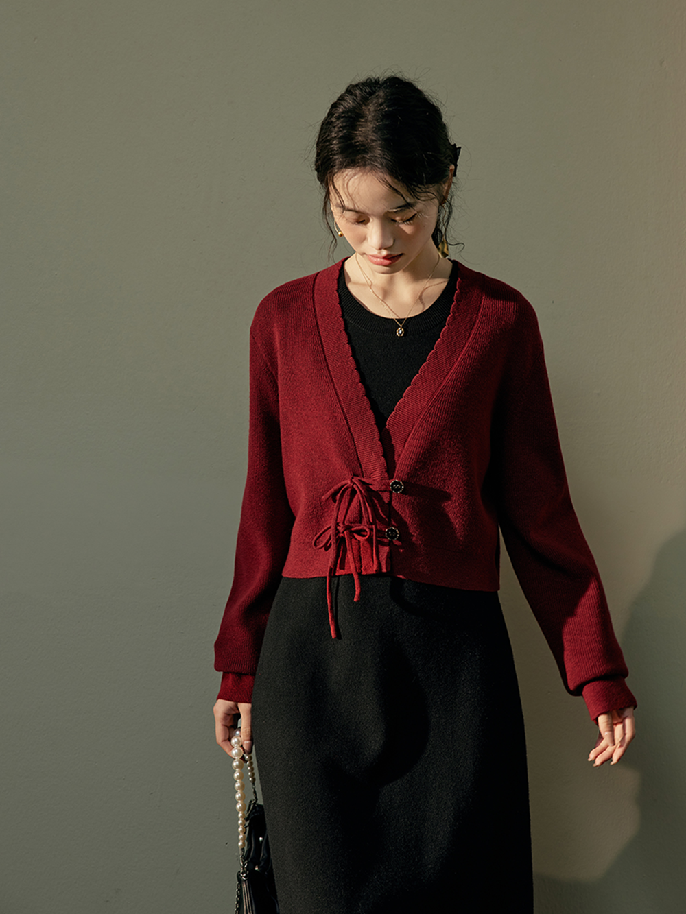 Red Cardigan and Black Dress