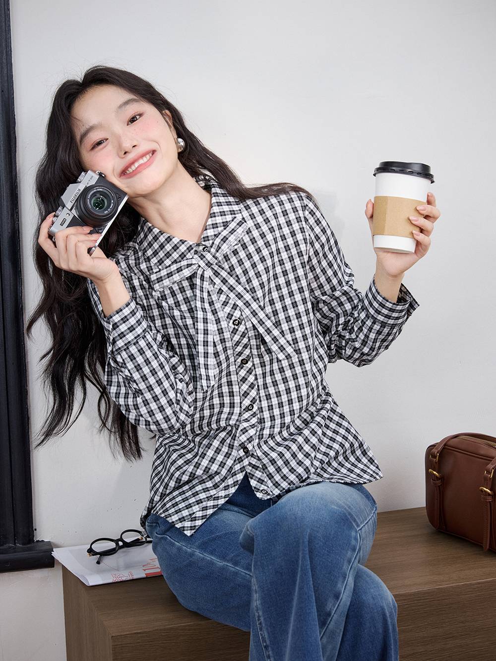 Plaid Bow Tie Blouse