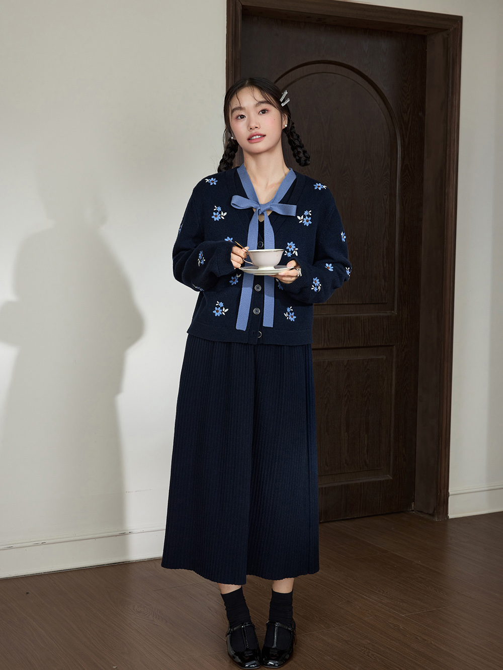 Embroidered Cardigan and Ribbon Tie Dress