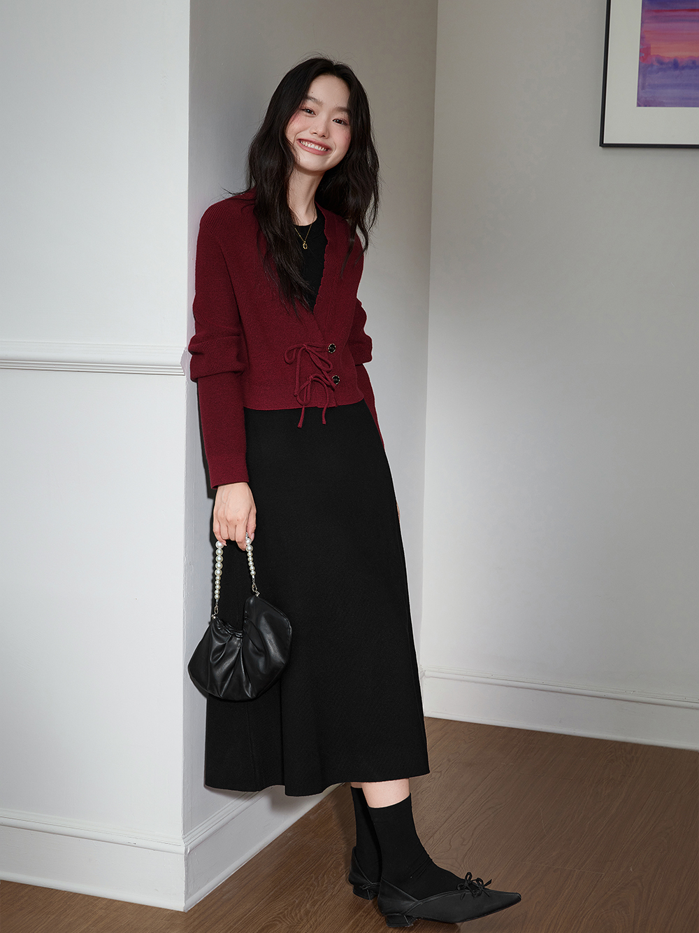 Red Cardigan and Black Dress