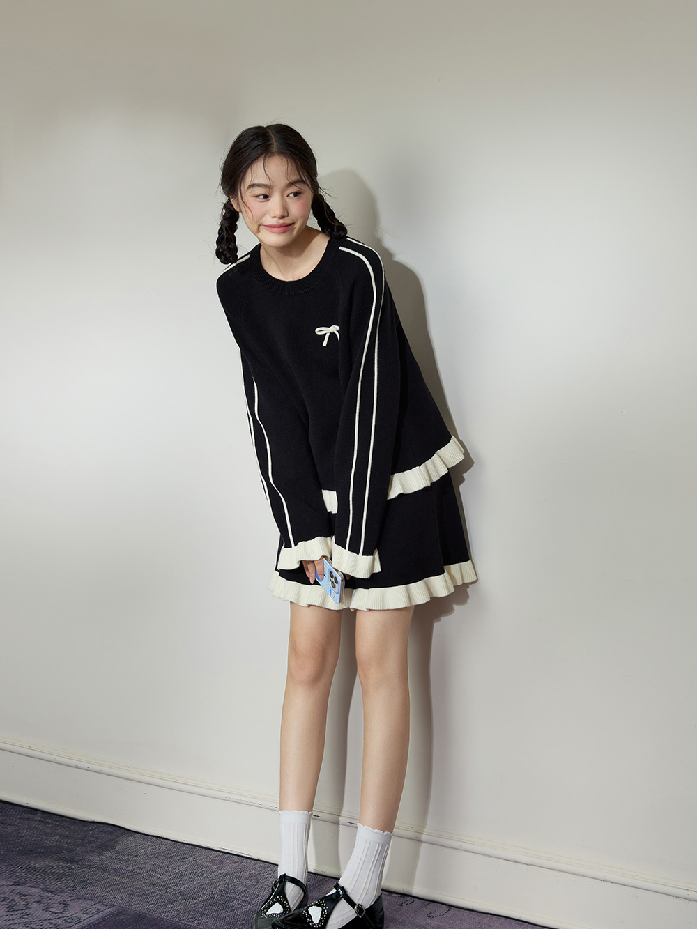 Contrast-Trim Sweater and Skirt