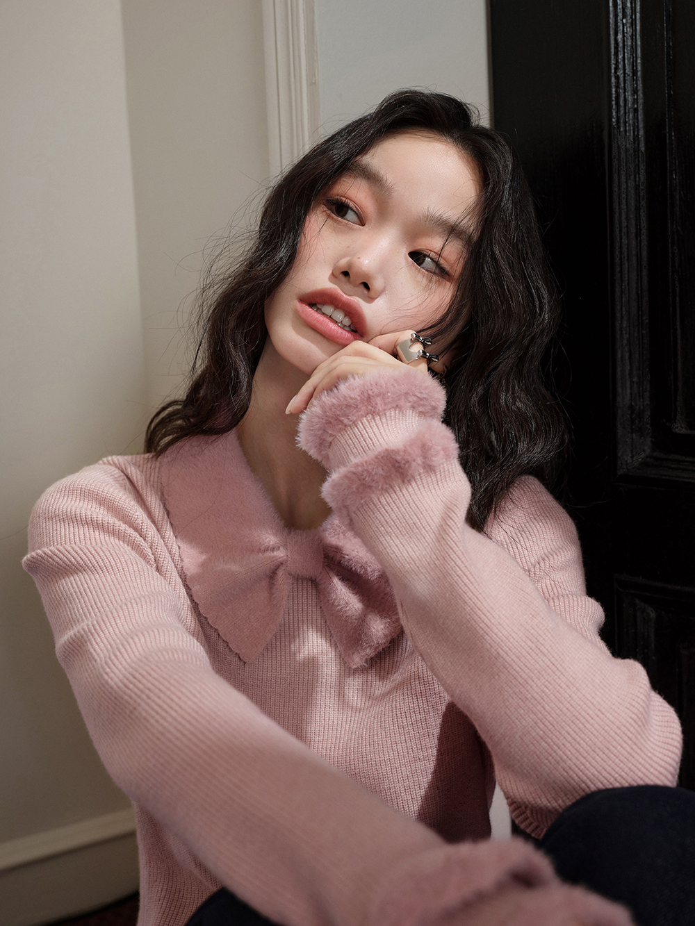 Bow Collar Ruffle Hem Sweater