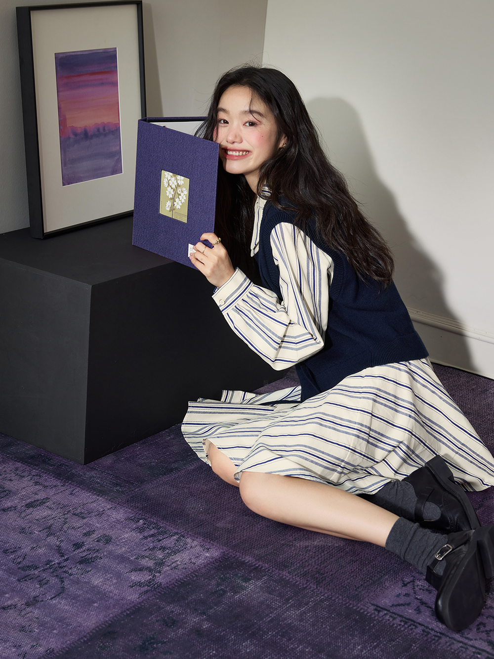 Vest and Striped Dress