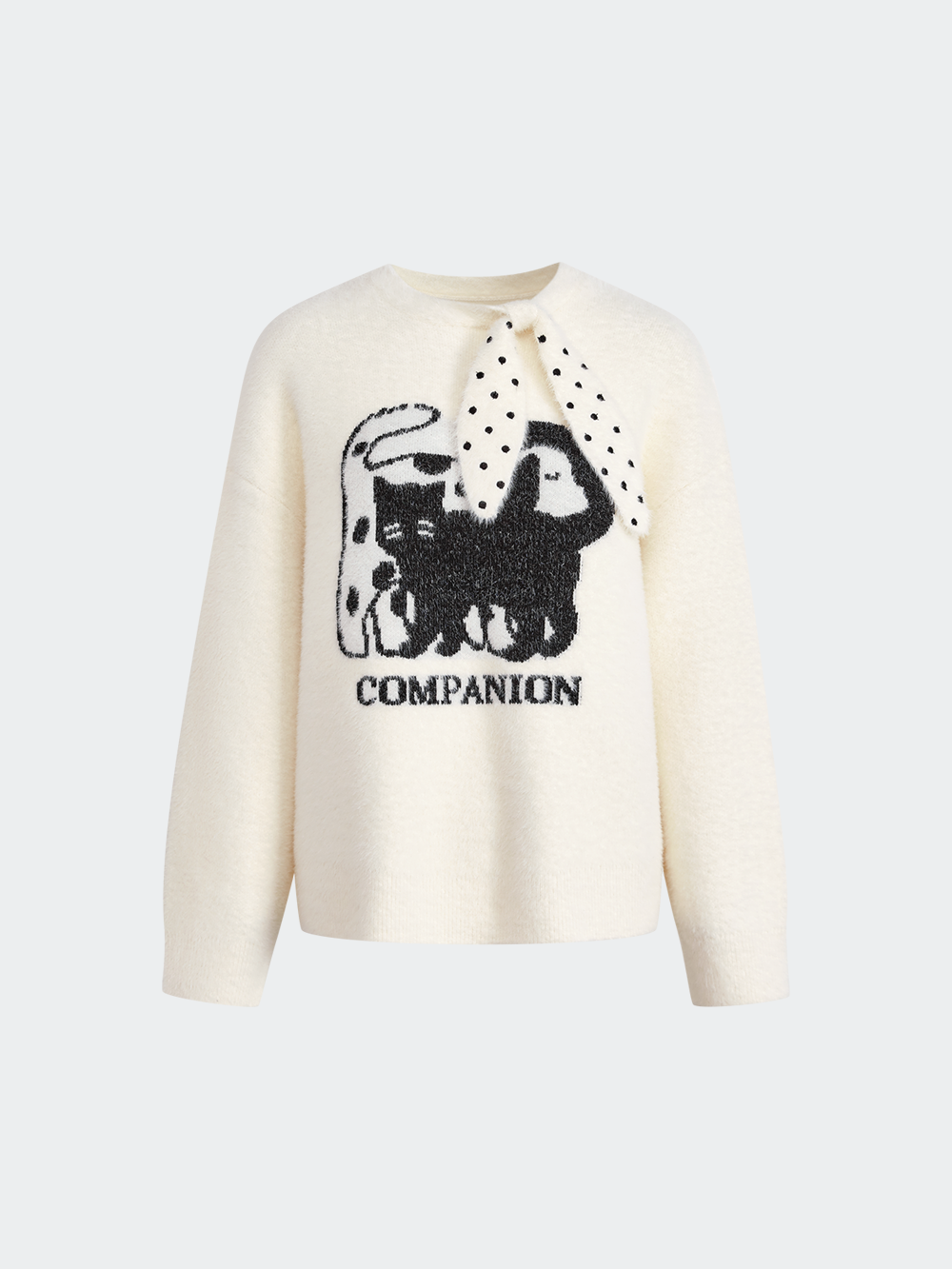 Cat Graphic Sweater with Polka Dot Tie
