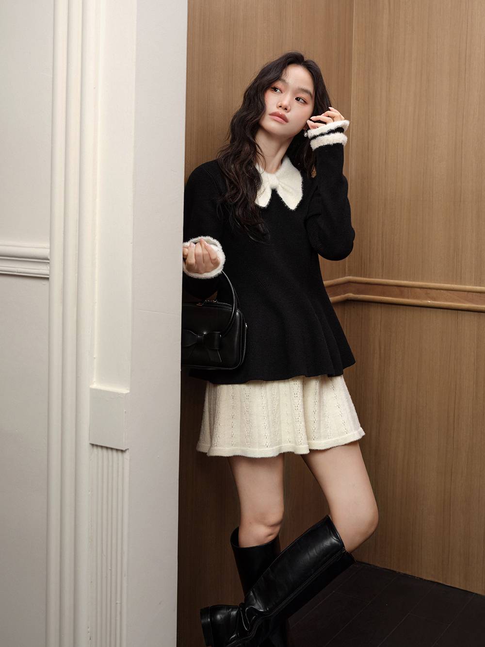 Bow Collar Ruffle Hem Sweater