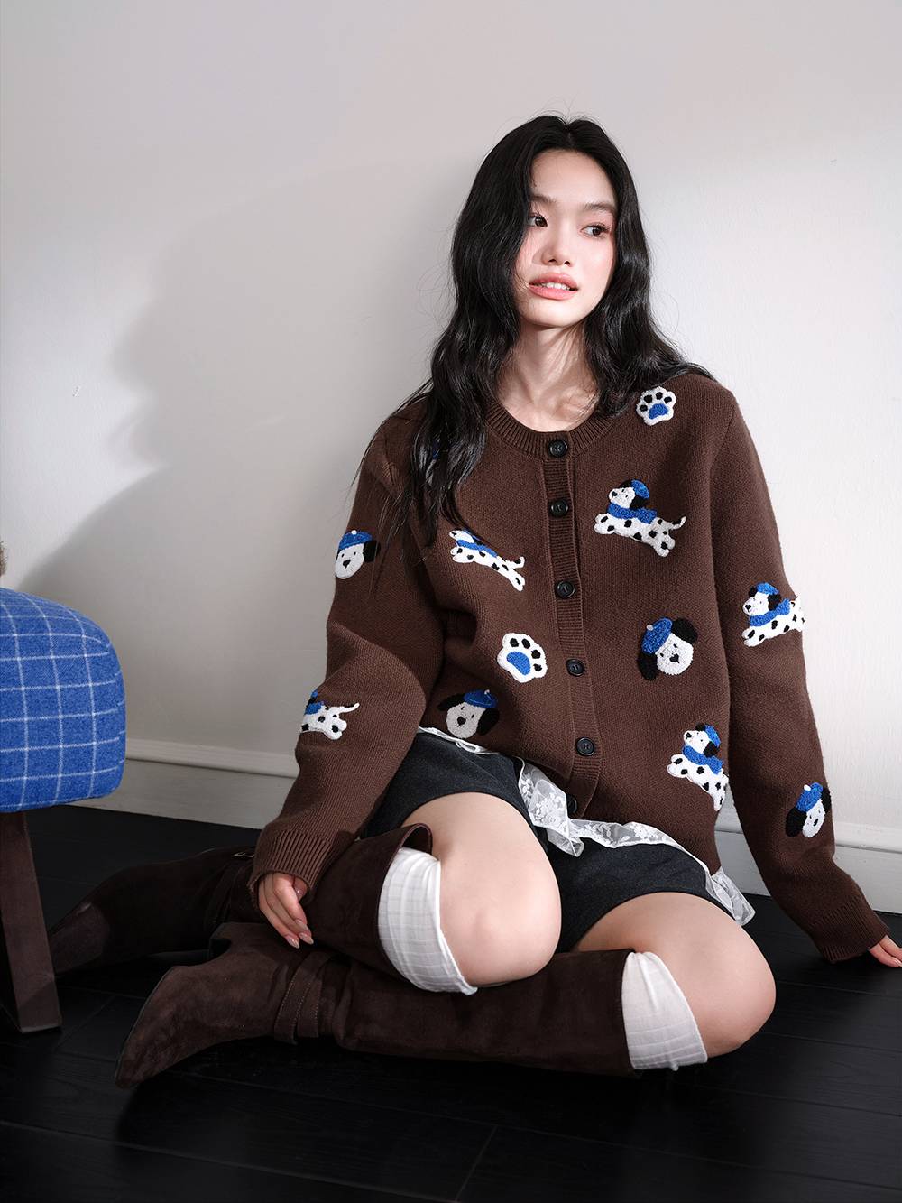 Puppy Embroidered Cardigan Sweater