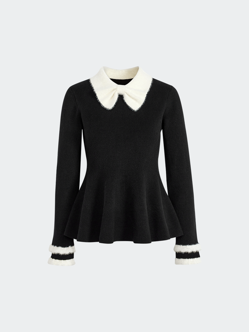 Bow Collar Ruffle Hem Sweater