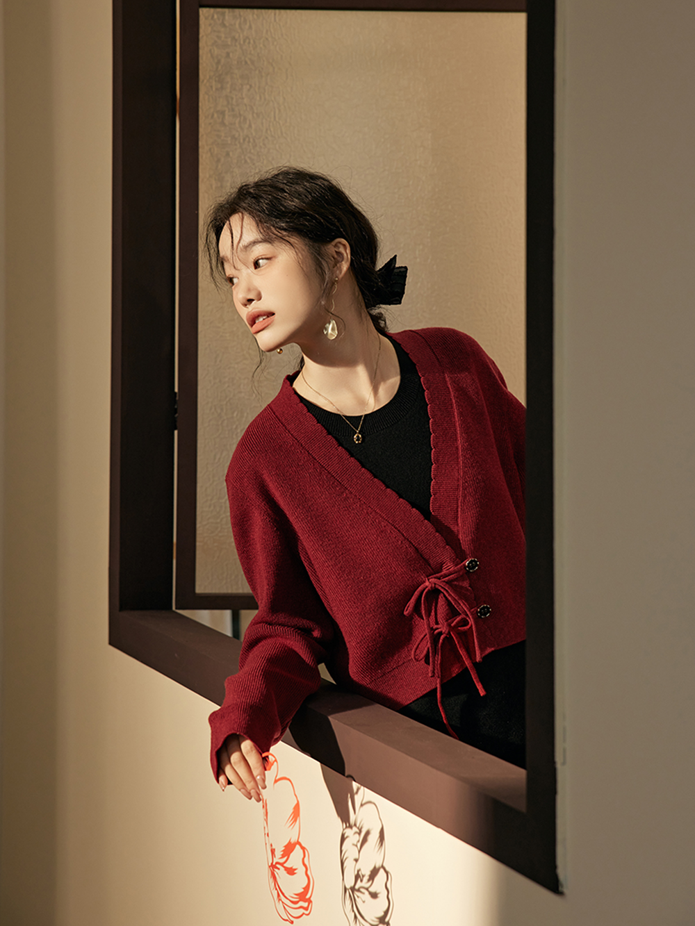 Red Cardigan and Black Dress