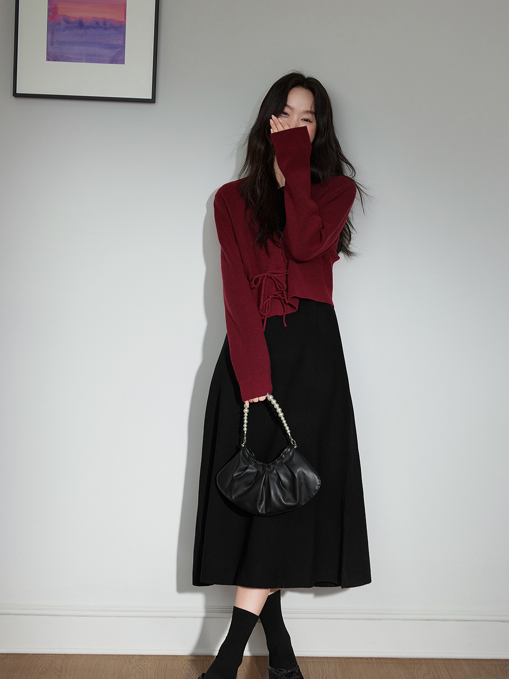 Red Cardigan and Black Dress