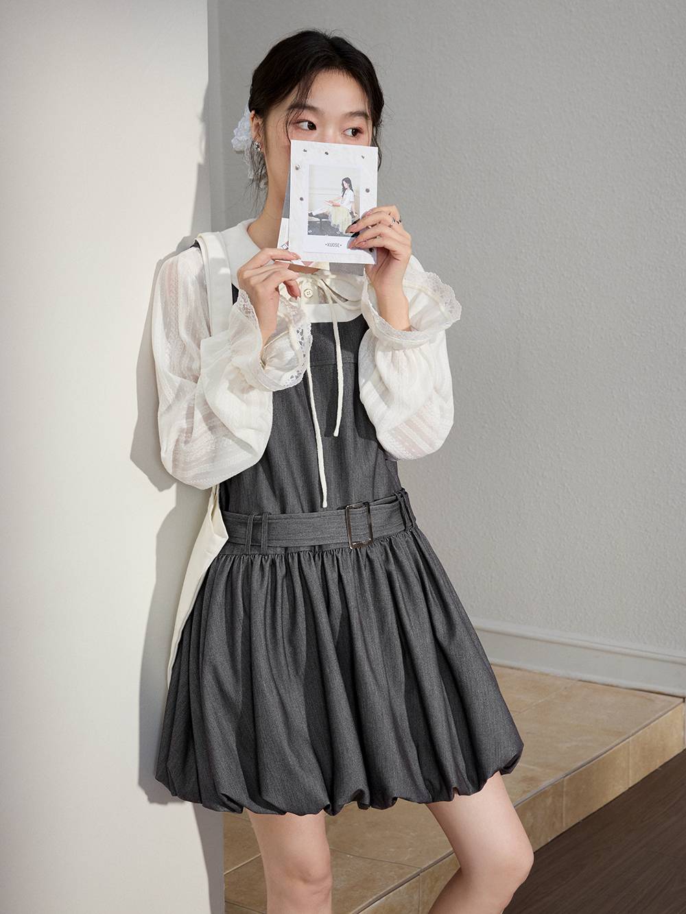 Bubble Hem Dress and White Blouse