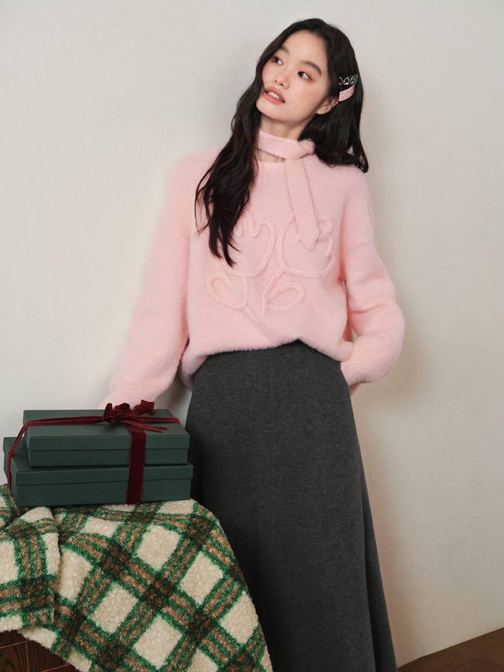 Neck Tie 3D Embroidered Sweater