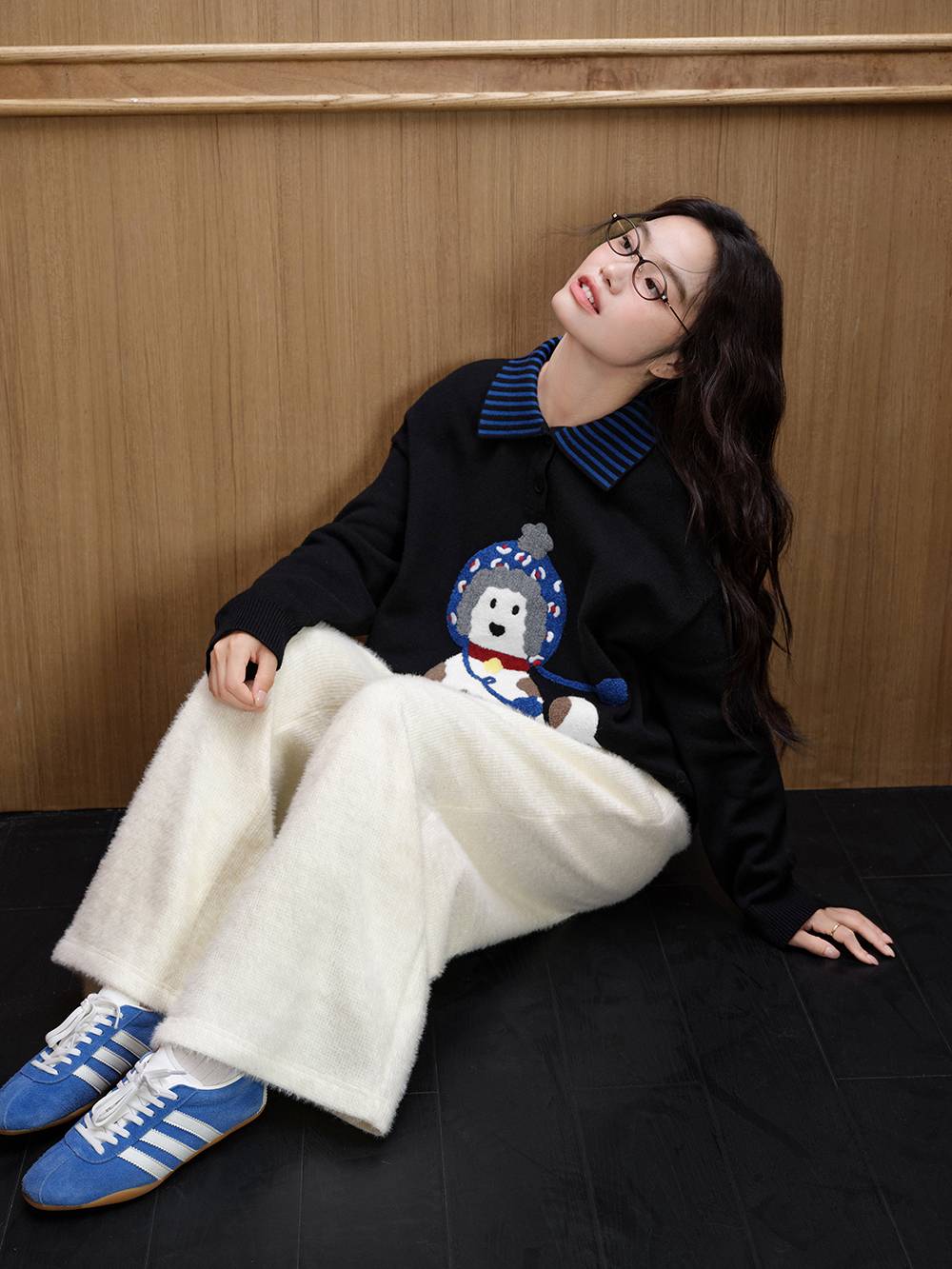 Striped Collar Dog Graphic Sweater