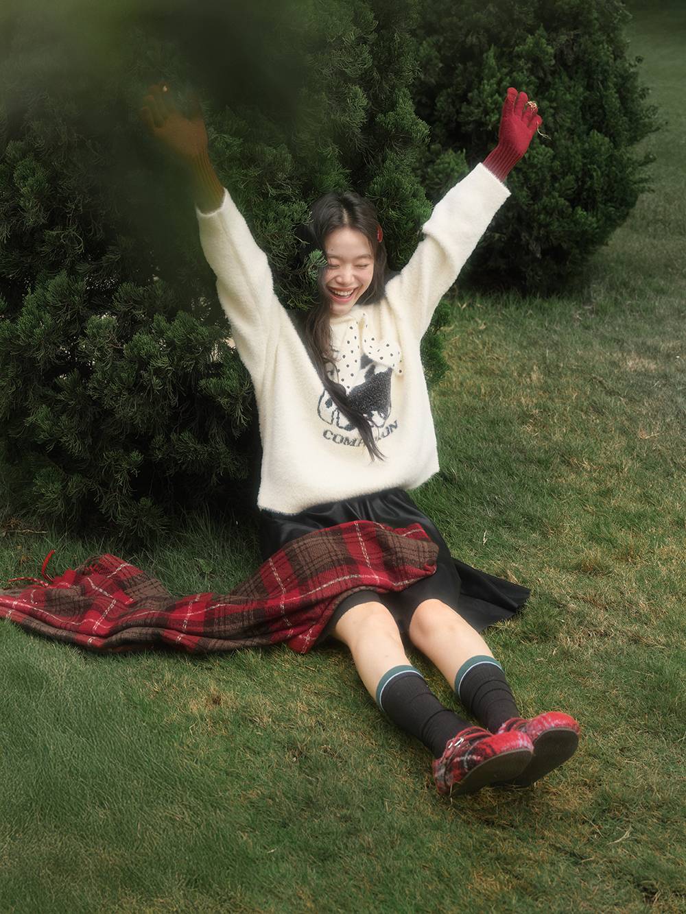 Cat Graphic Sweater with Polka Dot Tie