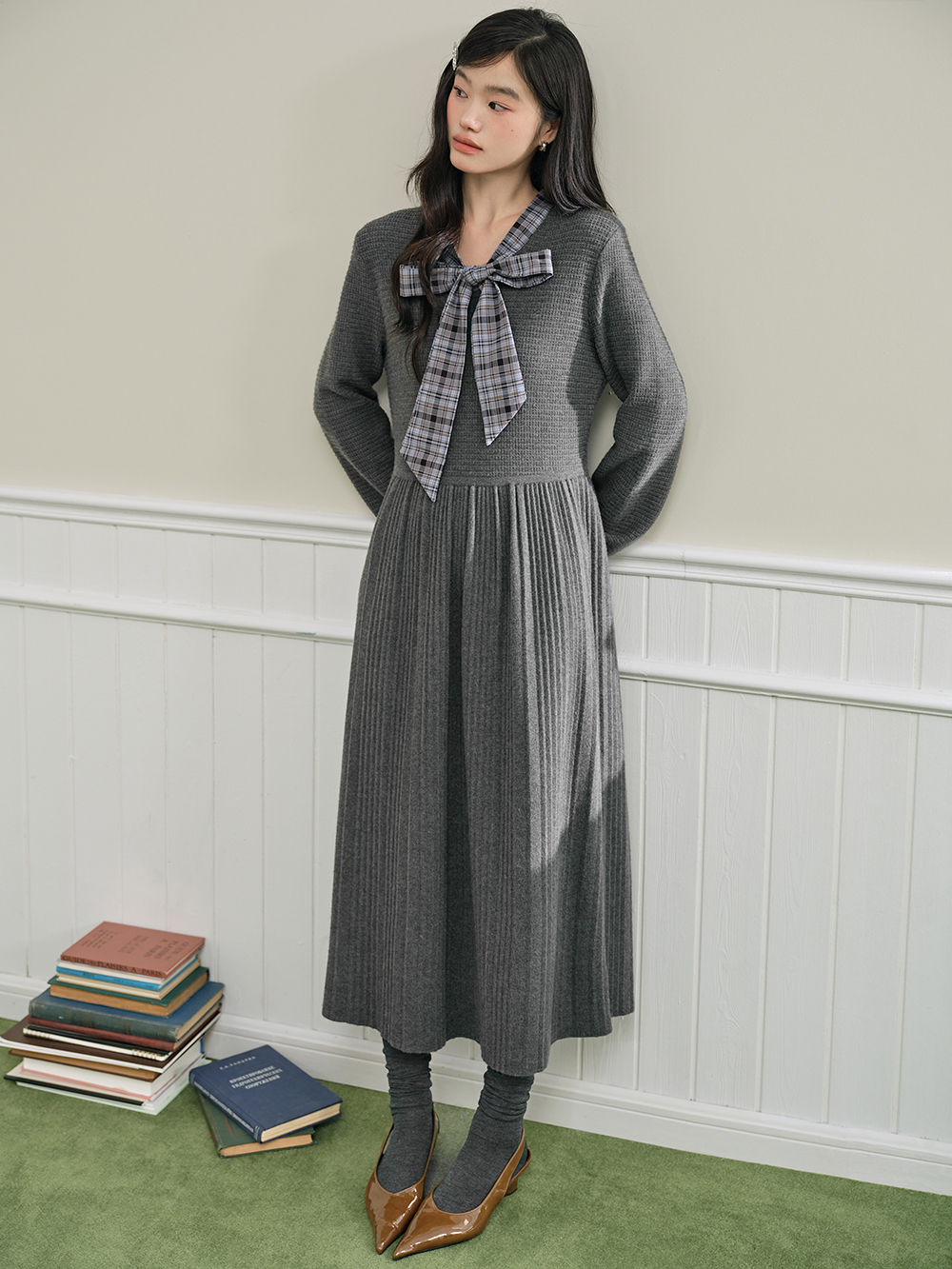 Plaid Ribbon Tie Knit Dress